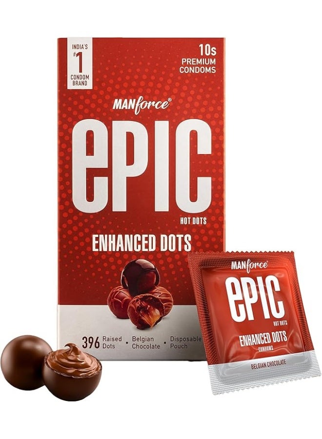 Manforce Epic Hot Dots | Enhanced Dots for Heightened Pleasure | Belgian Chocolate Flavour, 10 Pcs | With Disposable Pouch| Vegan | No Hard Chemicals| Super Thin| Lubricated Latex Condoms - Image 1