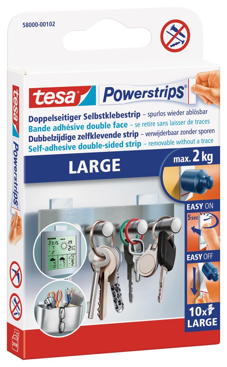 tesa Powerstrips Large, Self-Adhesive Strips - Double-Sided Strips Suitable for Flat and Smooth Surfaces - Holds Objects up to 2 kg - Pack of 10 Powerstrips - Image 2