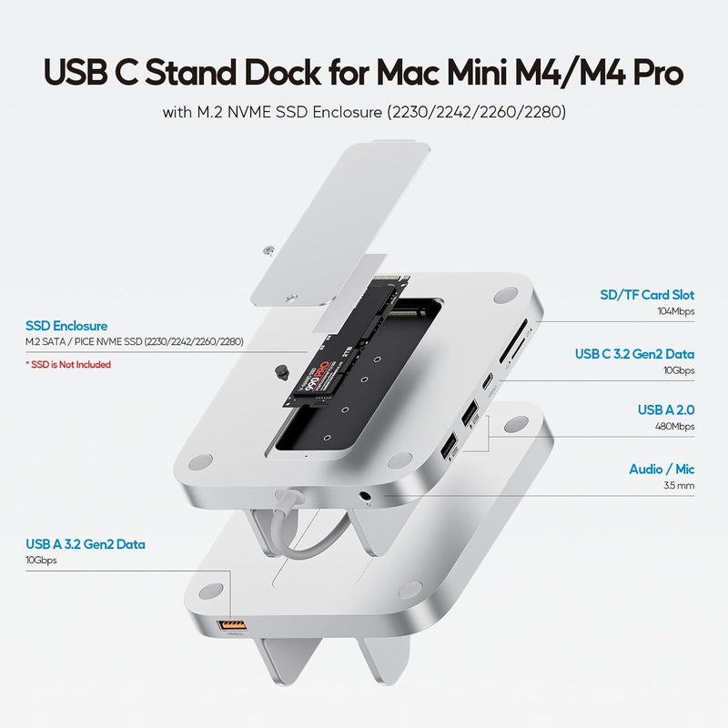 PULWTOP Mac mini M4 Dock with 4TB M.2 SSD Enclosure, 8-in-1 Aluminum Vertical USB-C Hub for Mac mini M4 Pro Hub Stand with USB-A/C 3.2 10Gbps, 2xUSB-A 2.0, 3.5mm Audio, SD/TF Slots (SSD NOT Included) - Image 2