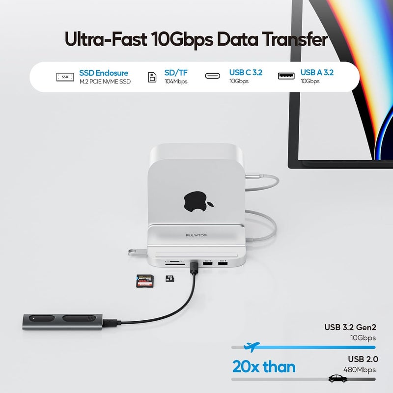 PULWTOP Mac mini M4 Dock with 4TB M.2 SSD Enclosure, 8-in-1 Aluminum Vertical USB-C Hub for Mac mini M4 Pro Hub Stand with USB-A/C 3.2 10Gbps, 2xUSB-A 2.0, 3.5mm Audio, SD/TF Slots (SSD NOT Included) - Image 4