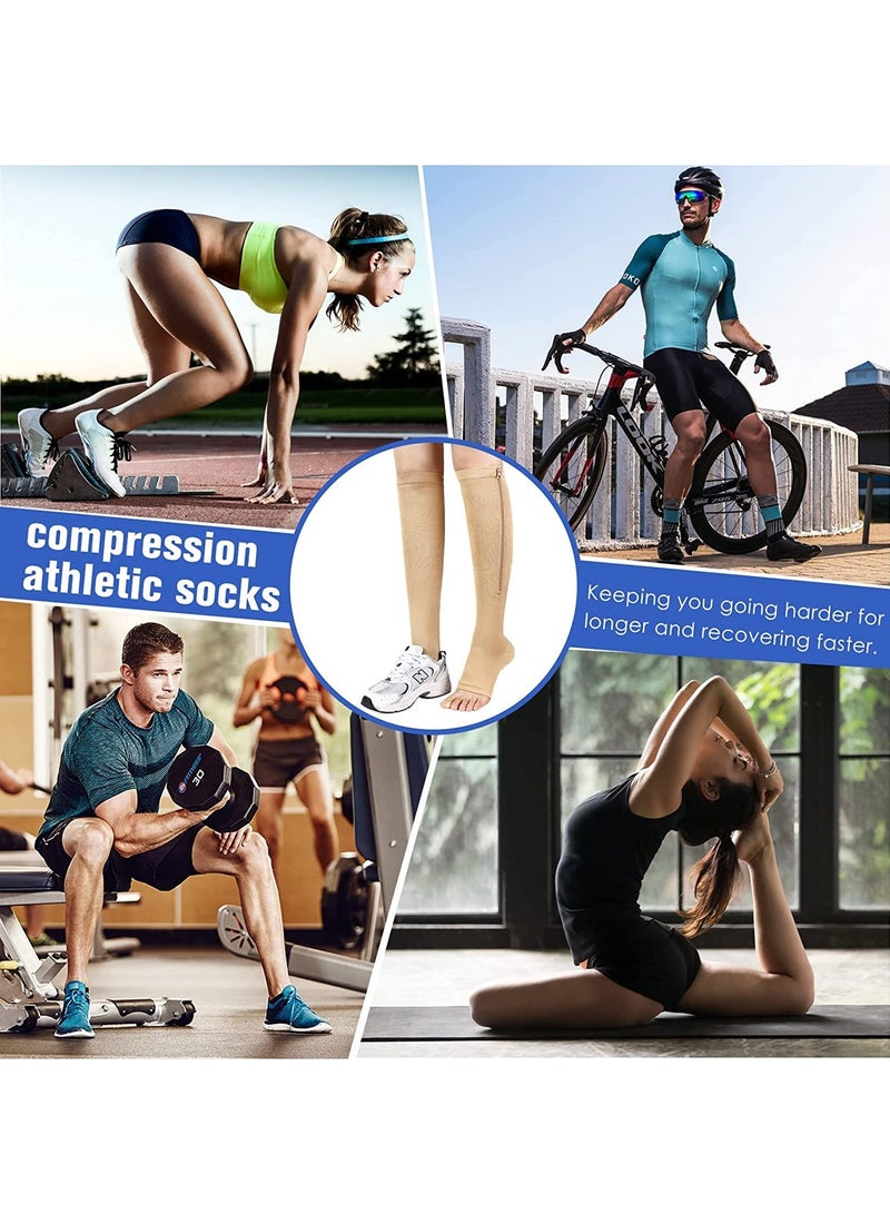 2 Pairs Compression Socks Open Toe Compression Stockings Knee High Socks with Zipper Compression Pantyhose 15-20mmHg for Improves Blood Circulation Prevents Leg Swelling (Beige Black) - Image 5