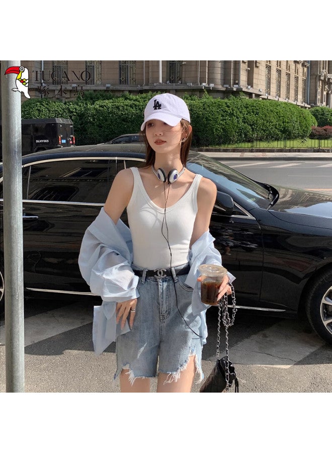 Wood Colorblock Sleeveless Camisole With Chest Pad For Women Summer New White XL