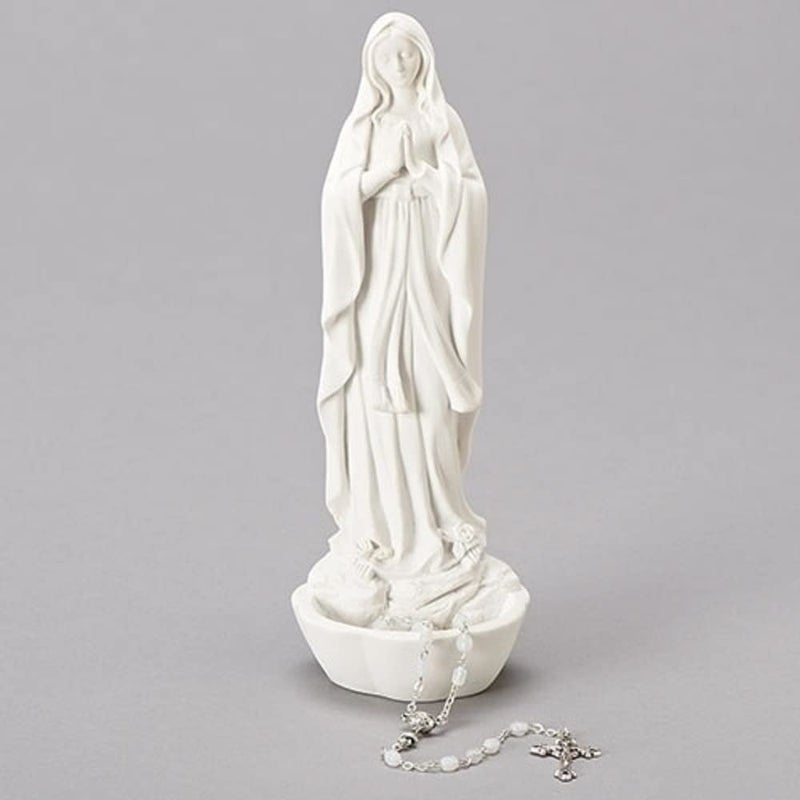 Roman Our Lady Of Lourdes Bright Ivory 3 x 8 Resin Stone Tabletop Rosary Holder