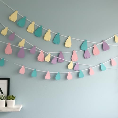 Pinfliers Pastel Theme party decoration paper Tassel Bunting, 32 pieces, Pink, purple, yellow and aqua, 75 inch in length - Image 1