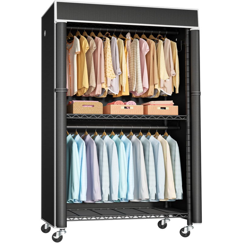 FUTASSI Clothing Rack with Cover, P1C Rolling Closets with Wheels, Metal Garment Rack for Hanging Clothes, Clothing Storage Wardrobe with Cover, 36.2" W x 16.5" D x 80.5" H, Black, Load 450 Pounds - Image 1