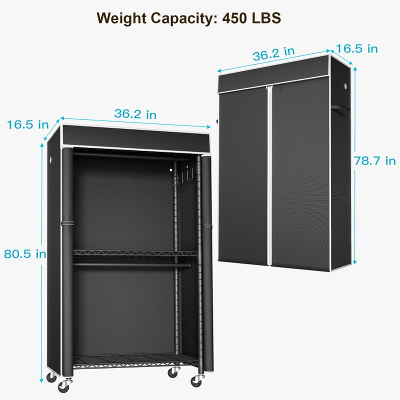 FUTASSI Clothing Rack with Cover, P1C Rolling Closets with Wheels, Metal Garment Rack for Hanging Clothes, Clothing Storage Wardrobe with Cover, 36.2" W x 16.5" D x 80.5" H, Black, Load 450 Pounds - Image 5