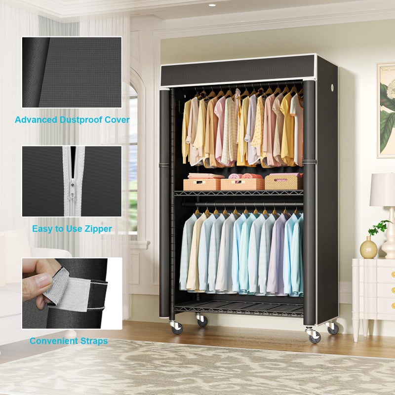 FUTASSI Clothing Rack with Cover, P1C Rolling Closets with Wheels, Metal Garment Rack for Hanging Clothes, Clothing Storage Wardrobe with Cover, 36.2" W x 16.5" D x 80.5" H, Black, Load 450 Pounds - Image 3