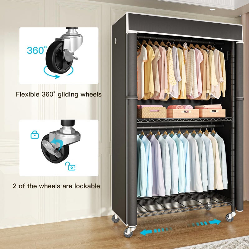 FUTASSI Clothing Rack with Cover, P1C Rolling Closets with Wheels, Metal Garment Rack for Hanging Clothes, Clothing Storage Wardrobe with Cover, 36.2" W x 16.5" D x 80.5" H, Black, Load 450 Pounds - Image 2