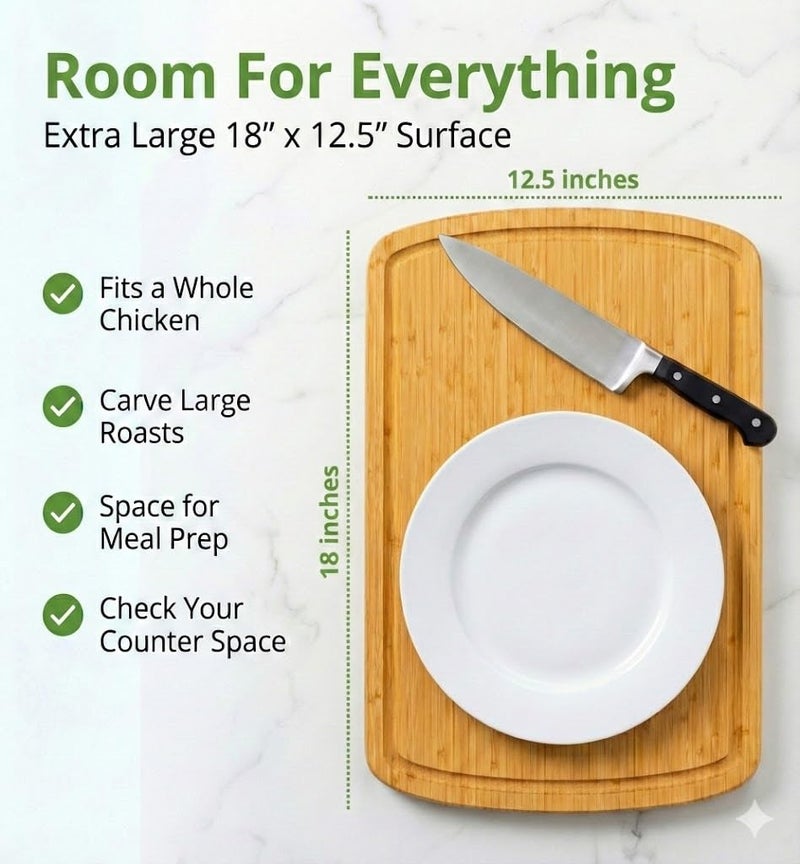 GREENER CHEF 18 Inch Extra Large Bamboo Cutting Board with Lifetime Replacements - Organic Wooden Butcher Block, XL Chopping Board for Kitchen, Meat, Vegetables, and Food Prep - Image 2