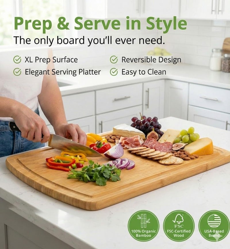 GREENER CHEF 18 Inch Extra Large Bamboo Cutting Board with Lifetime Replacements - Organic Wooden Butcher Block, XL Chopping Board for Kitchen, Meat, Vegetables, and Food Prep - Image 4
