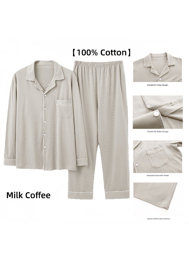 Feraco 100% Cotton Men's Pajamas, Spring/Autumn Home Wear, Long-Sleeved Cardigan Set, Loose Fit, Plus Size, High-End Home Wear (Milk Coffee Color) - Image 1