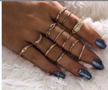 Bohemian Vintage Silver Lotus Ring Set for Women, 15-Piece sku2374  - Image 1