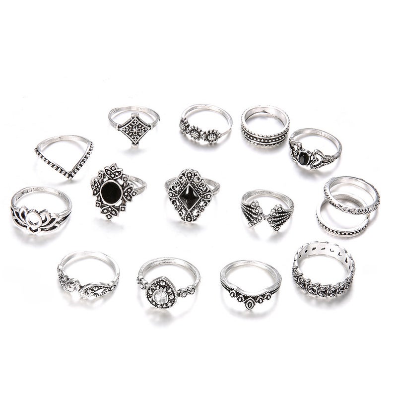 Bohemian Vintage Silver Lotus Ring Set for Women, 15-Piece sku2374  - Image 5
