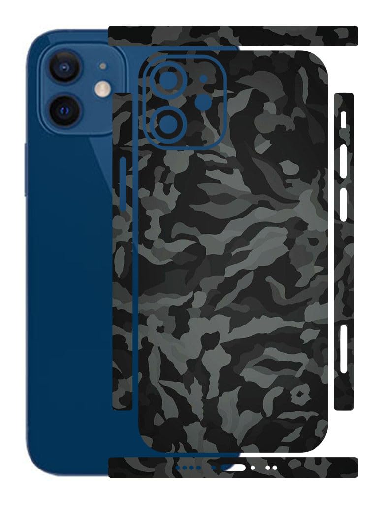 AtOdds - Compatible for iPhone 12 Mini - Mobile Back Skin Sticker Wrap - Lamination - Rear Screen Guard Protector (Coverage - Back+Camera+Sides) (Design - Black Camo) - Image 1