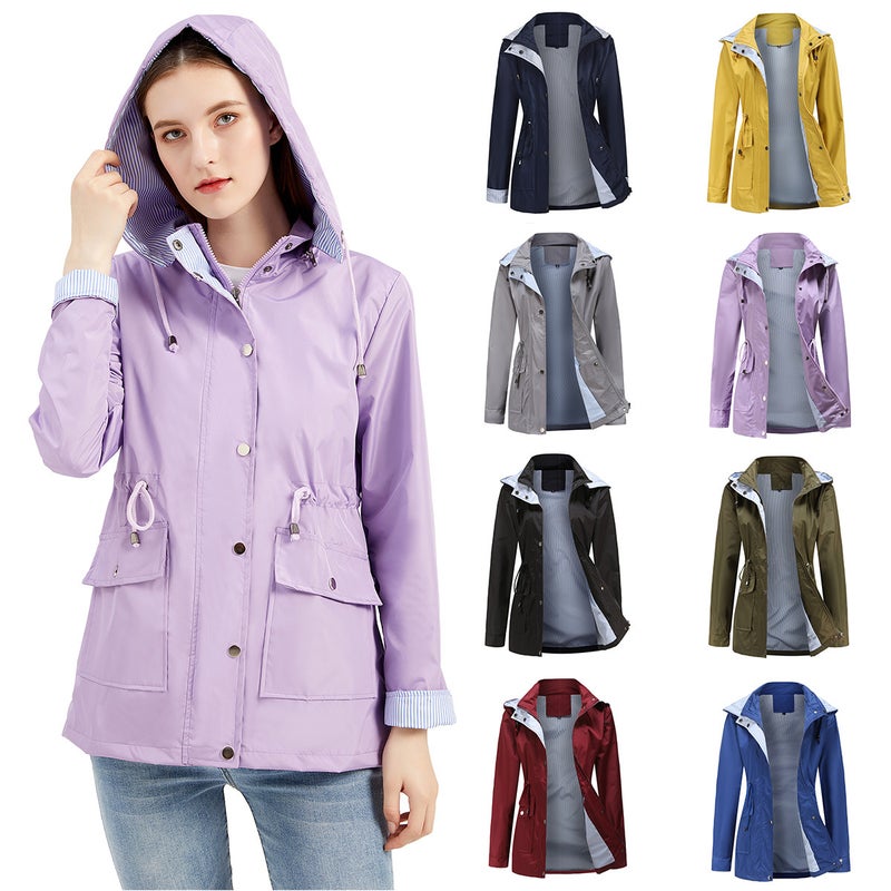 معطف ترنش نسائي بغطاء رأس قابل للإزالة، متوسط الطول، بسحاب أمامي، بلون سادة، ملابس خارجية للخريف والشتاء - Image 3