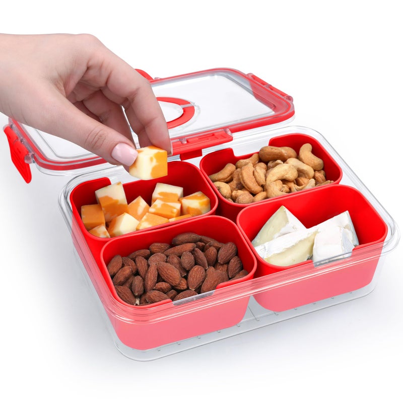 KEYVOZ Snackle Box Container with Lid- Travel Charcuterie Box with Handle - Organizer for Candy, Fruit, Nuts, Veggies, Snacks, Beach Essentials, Portable Lunch Box (Red, Small) - Image 2