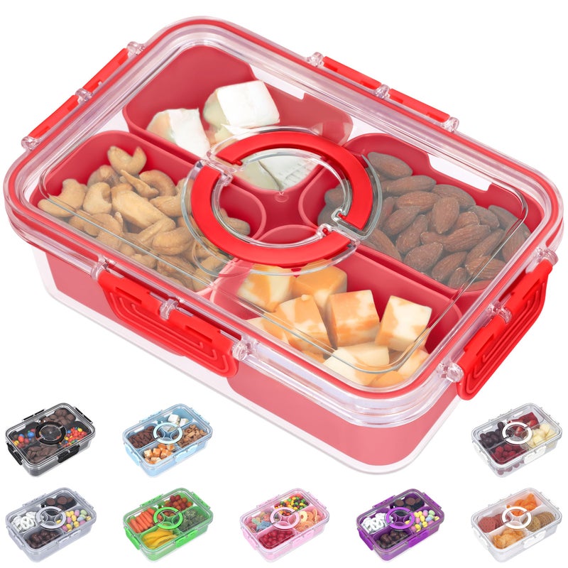 KEYVOZ Snackle Box Container with Lid- Travel Charcuterie Box with Handle - Organizer for Candy, Fruit, Nuts, Veggies, Snacks, Beach Essentials, Portable Lunch Box (Red, Small) - Image 1