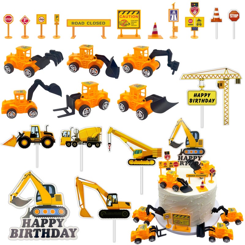 Firleayo 23pcs Constructions Cake Toppers Vehicles Cake Decoration Excavator Crane Truck Cupcake Topper Traffic Road Sign Cupcake Construction Cake Decorations Happy Birthday Sign for Party Supplies - Image 1