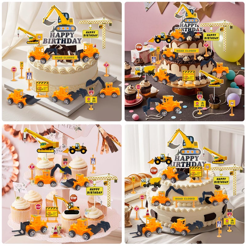 Firleayo 23pcs Constructions Cake Toppers Vehicles Cake Decoration Excavator Crane Truck Cupcake Topper Traffic Road Sign Cupcake Construction Cake Decorations Happy Birthday Sign for Party Supplies - Image 5