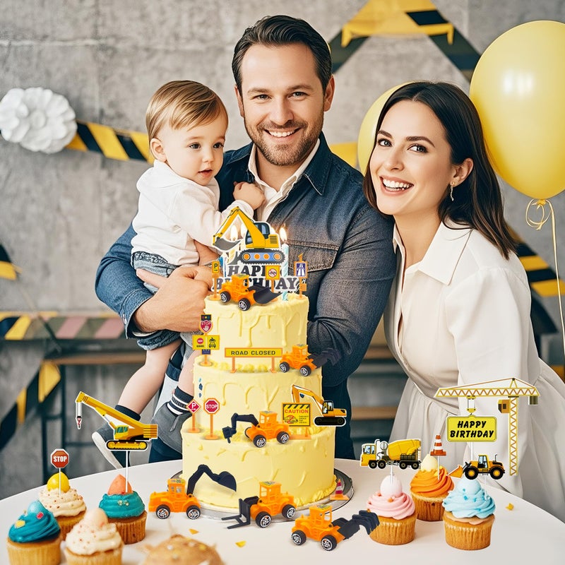 Firleayo 23pcs Constructions Cake Toppers Vehicles Cake Decoration Excavator Crane Truck Cupcake Topper Traffic Road Sign Cupcake Construction Cake Decorations Happy Birthday Sign for Party Supplies - Image 4