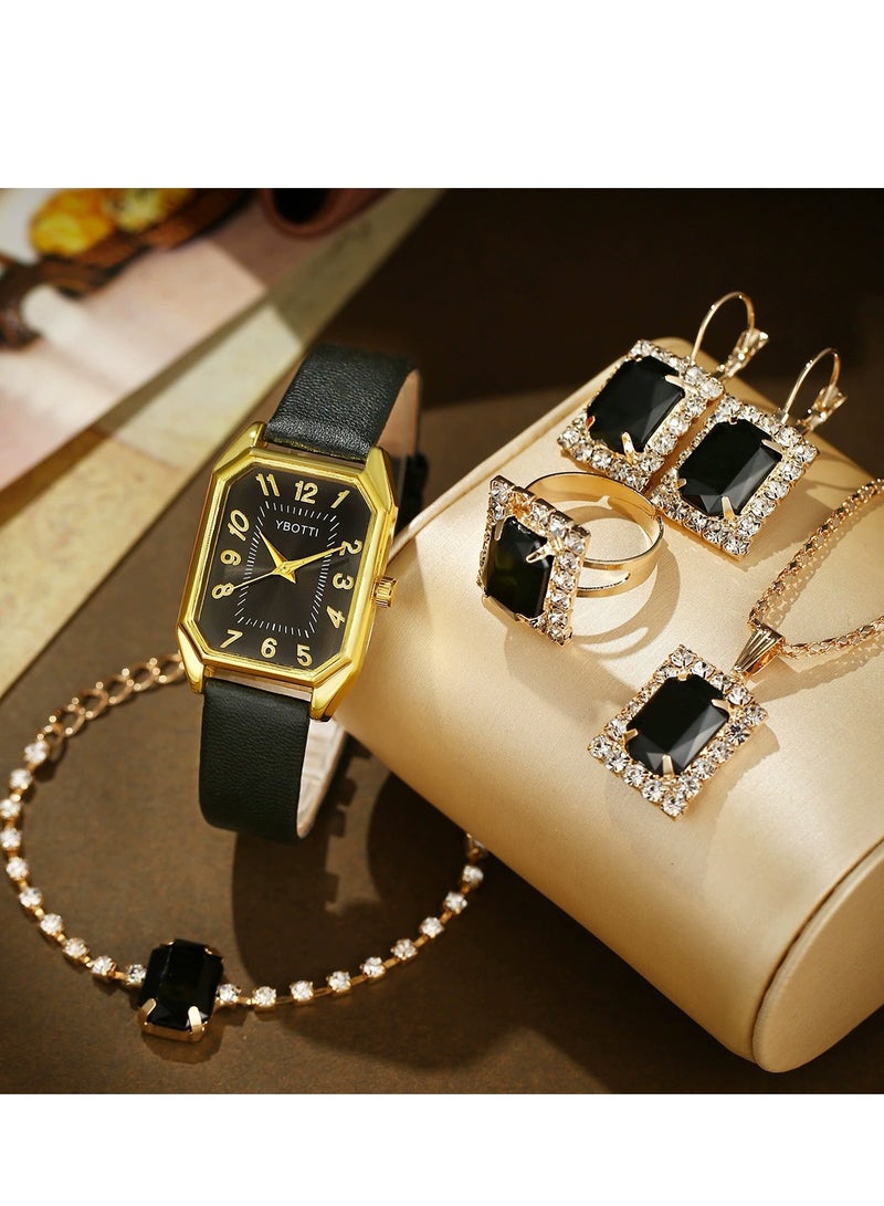 Ladies Watch Fashionable Women Quartz Diamond Wristwatch Classic Simple Watches Business Decoration Bangle Bracelet Necklace Ring Earring Girl Gift Set  - Image 1