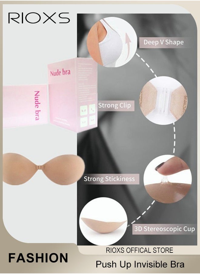 RIOXS - Women's Bra, Adhesive Bra Push Up Invisible Bra, Soild Color Silicone Bra Cups, Backless Pushup Lift Bra, Strapless Sticky Bras For Women, Lighweight Deep V-Shaped Bra, Ladies Comfy Bra - Image 1