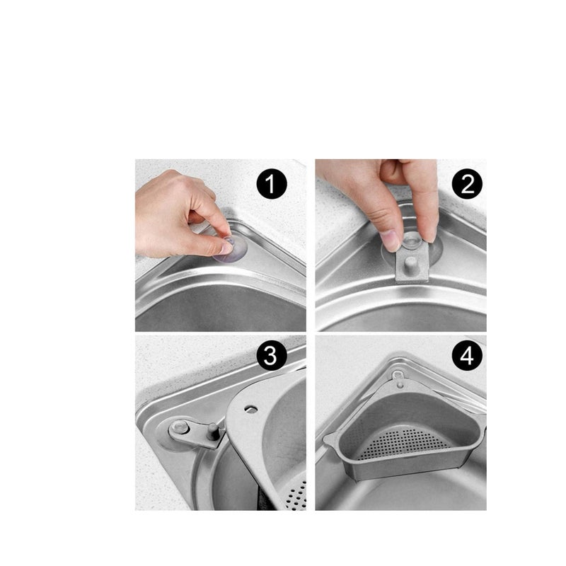 SOLARAE سلة مصفاة الحوض متعددة الوظائف رف تصريف مثلث حامل تخزين الحوض منظم مطبخ رف زاوية مع كوب شفط للمطبخ والحمام، رمادي - Image 4