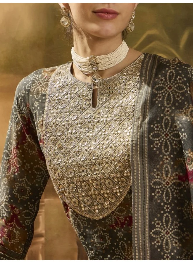 AKS Grey Bandhani Kurta Set with embroidered patch on yoke