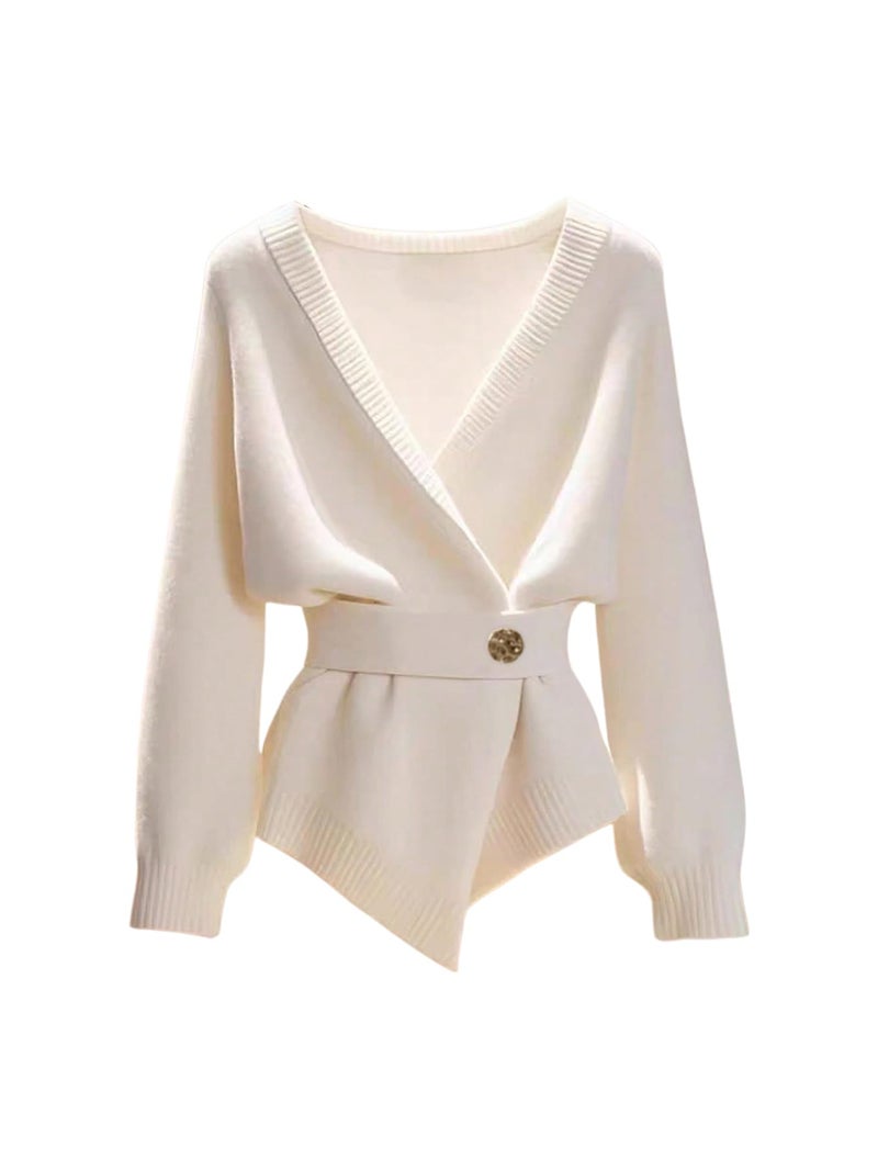 Verdusa Women's Old Money Wrap Sweater Asymmetrical Cinched Waist Belted Comfy Cardigan White Medium - Image 1