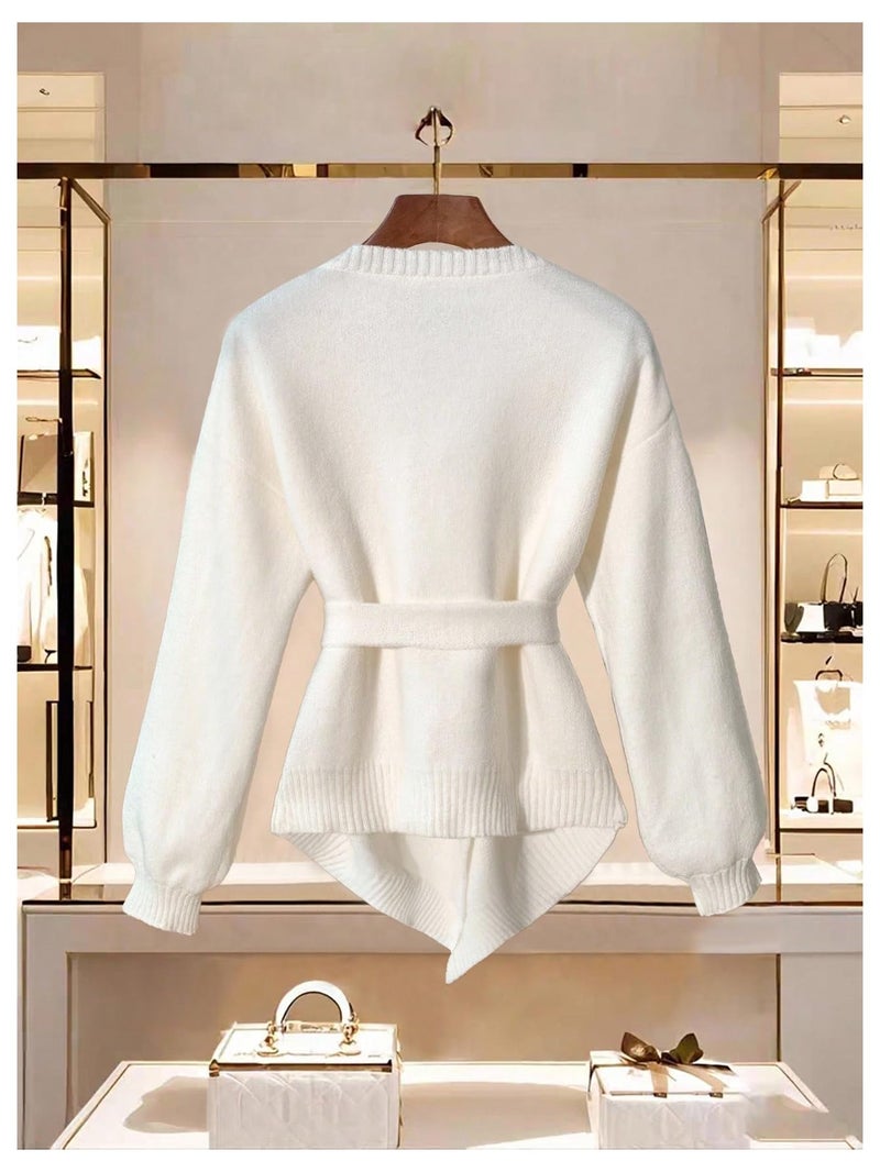 Verdusa Women's Old Money Wrap Sweater Asymmetrical Cinched Waist Belted Comfy Cardigan White Medium - Image 2