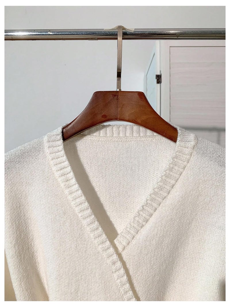 Verdusa Women's Old Money Wrap Sweater Asymmetrical Cinched Waist Belted Comfy Cardigan White Medium - Image 3