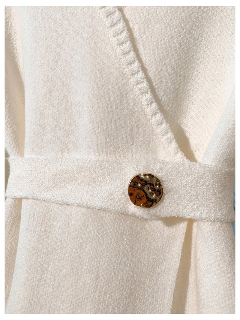 Verdusa Women's Old Money Wrap Sweater Asymmetrical Cinched Waist Belted Comfy Cardigan White Medium - Image 4
