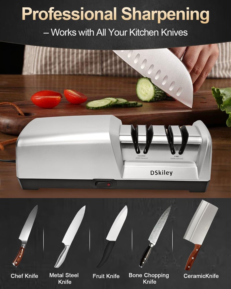 dskiley Electric Knife Sharpener for Kitchen – Professional 2-Stage 100% Diamond System with 20° Precision Angle, Fast Sharpening to Restore & Polish Chef Knives (2-Stage Silver) - Image 5