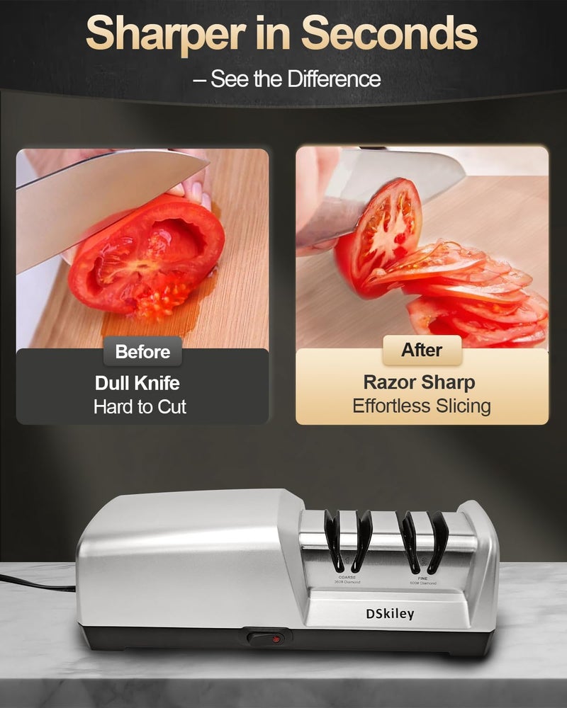dskiley Electric Knife Sharpener for Kitchen – Professional 2-Stage 100% Diamond System with 20° Precision Angle, Fast Sharpening to Restore & Polish Chef Knives (2-Stage Silver) - Image 2