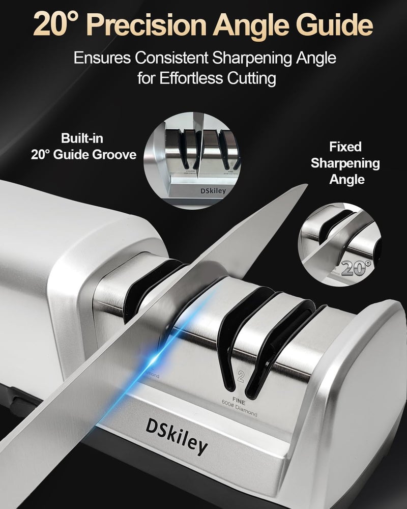 dskiley Electric Knife Sharpener for Kitchen – Professional 2-Stage 100% Diamond System with 20° Precision Angle, Fast Sharpening to Restore & Polish Chef Knives (2-Stage Silver) - Image 3