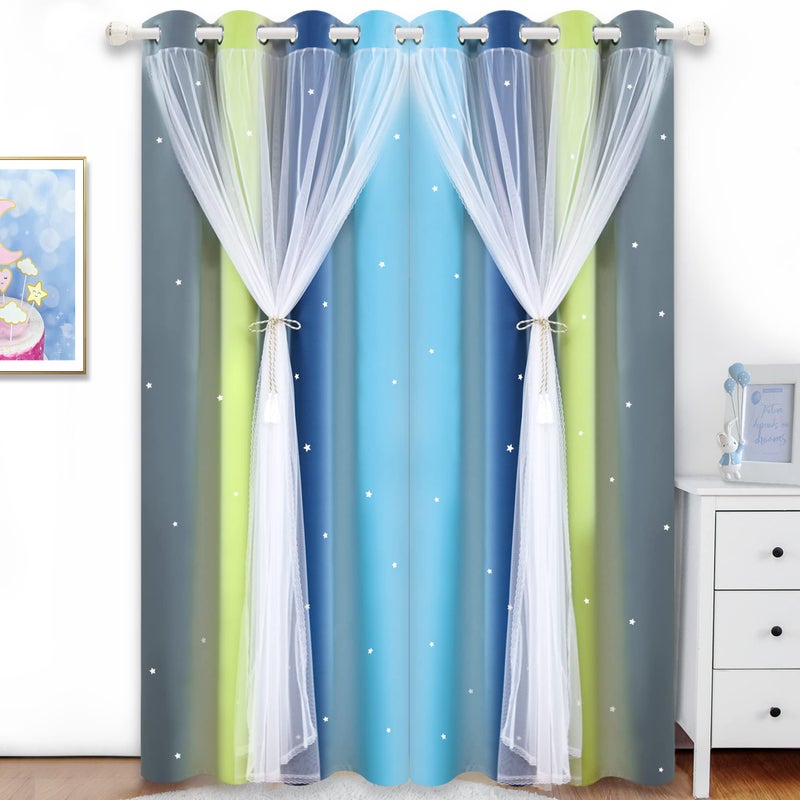 Kinryb Overlay Star Kids Curtains Colorful Stripe Star Cut-Out Blackout Curtains Double Layer Curtains with Grommet Top Romantic Kid Curtains for Living Room 2 Panels Green/Lime 52W x 72L - Image 2