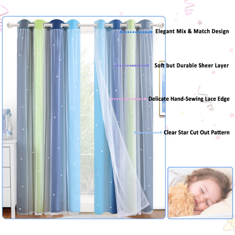 Kinryb Overlay Star Kids Curtains Colorful Stripe Star Cut-Out Blackout Curtains Double Layer Curtains with Grommet Top Romantic Kid Curtains for Living Room 2 Panels Green/Lime 52W x 72L - Image 4