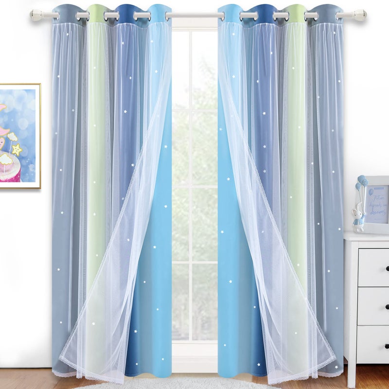 Kinryb Overlay Star Kids Curtains Colorful Stripe Star Cut-Out Blackout Curtains Double Layer Curtains with Grommet Top Romantic Kid Curtains for Living Room 2 Panels Green/Lime 52W x 72L - Image 3