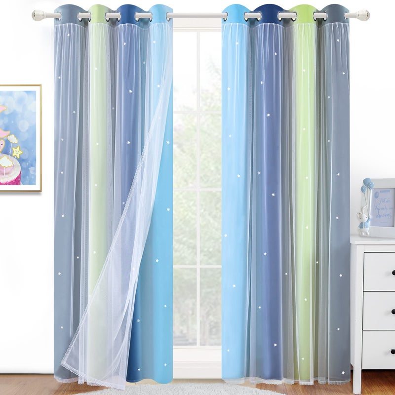 Kinryb Overlay Star Kids Curtains Colorful Stripe Star Cut-Out Blackout Curtains Double Layer Curtains with Grommet Top Romantic Kid Curtains for Living Room 2 Panels Green/Lime 52W x 72L - Image 1