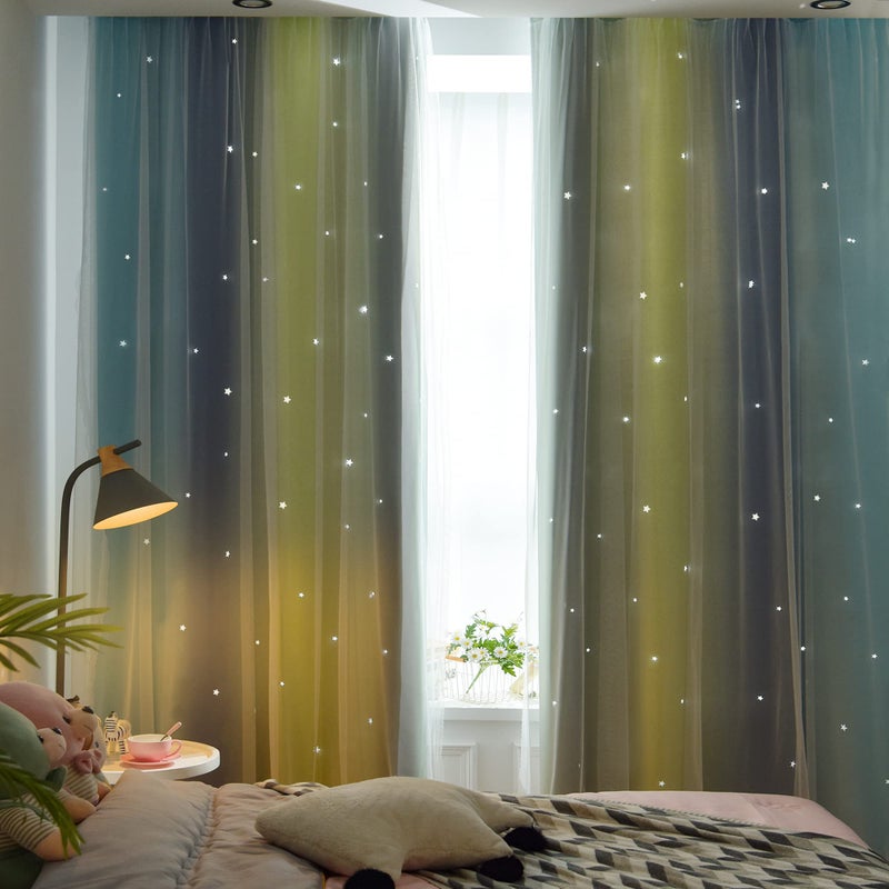 Kinryb Overlay Star Kids Curtains Colorful Stripe Star Cut-Out Blackout Curtains Double Layer Curtains with Grommet Top Romantic Kid Curtains for Living Room 2 Panels Green/Lime 52W x 72L - Image 5
