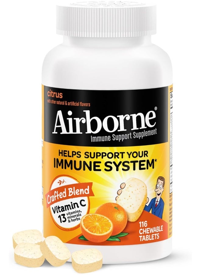 Airborne 1000Mg Vitamin C Chewable Tablets With Zinc, Immune Support Supplement With Powerful Antioxidants Vitamins A C & E - (116 Count Bottle), Citrus Flavor, Gluten-Free  - Image 1