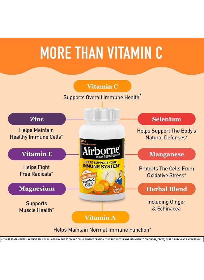 Airborne 1000Mg Vitamin C Chewable Tablets With Zinc, Immune Support Supplement With Powerful Antioxidants Vitamins A C & E - (116 Count Bottle), Citrus Flavor, Gluten-Free  - Image 3