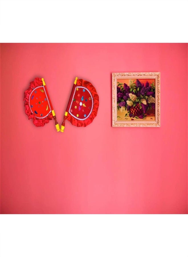 Stonsell Wooden Handcrafted Hand Fan/Beejna Pankha with Valvet Cloth, Royal/Punjabi Hand-Fan with Wooden Handle for Home Décor & Travel use (Multi-Color) (Orange) - Image 5
