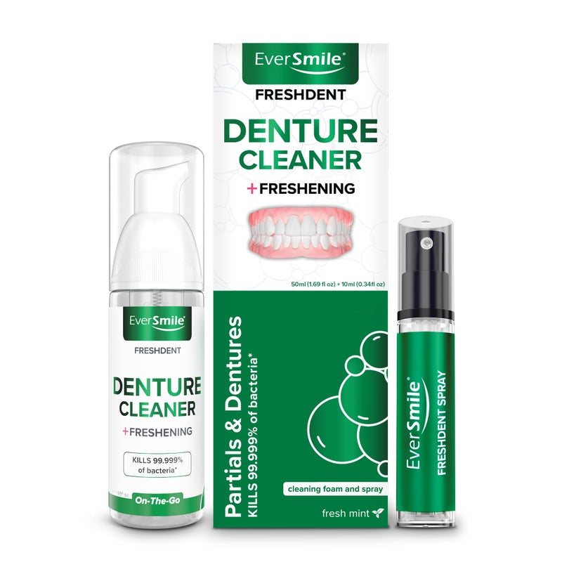 EverSmile FreshDent Denture and Partial Denture Cleaner Teeth Whitening Spray Travel Size Alternative to Cleaning Tablets That Eliminates Bacteria and Fights Bad Breath 50ml 10ml Pack