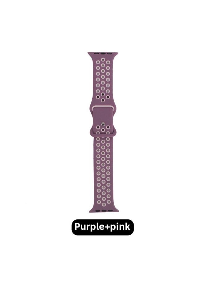 Generic Silicone Two-color Strap Suitable For Apple Nike Iwatch Hole Breathable Butterfly 8-word Buckle Sports Watch Strap-Color:Purple + Pink-Specifications:42/44/45/49 M L  - Image 1