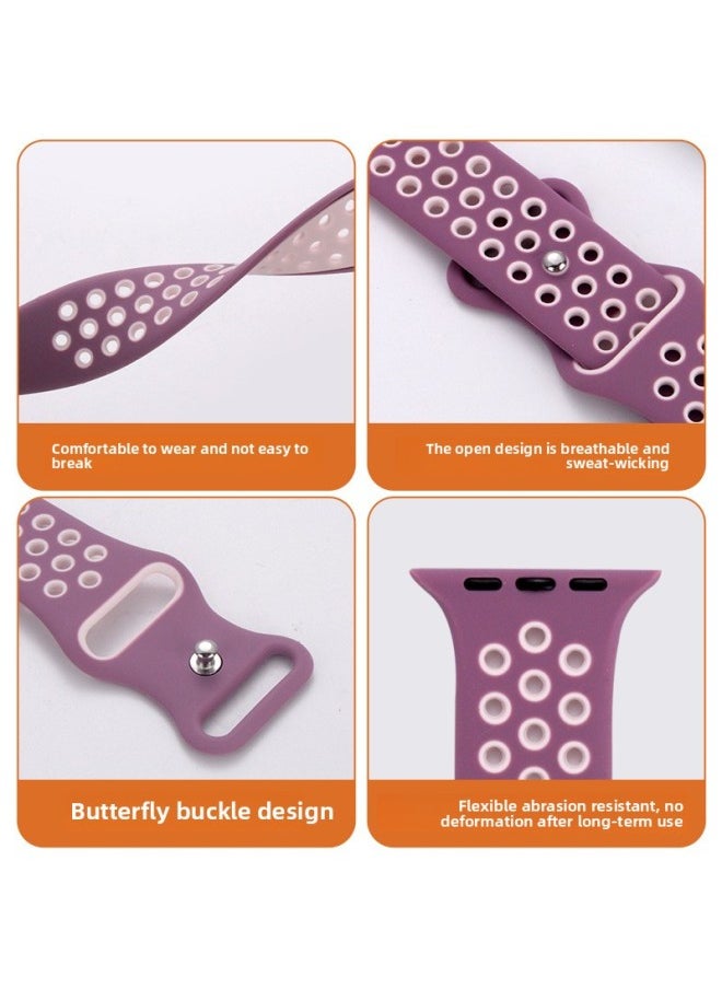 Generic Silicone Two-color Strap Suitable For Apple Nike Iwatch Hole Breathable Butterfly 8-word Buckle Sports Watch Strap-Color:Purple + Pink-Specifications:42/44/45/49 M L  - Image 3