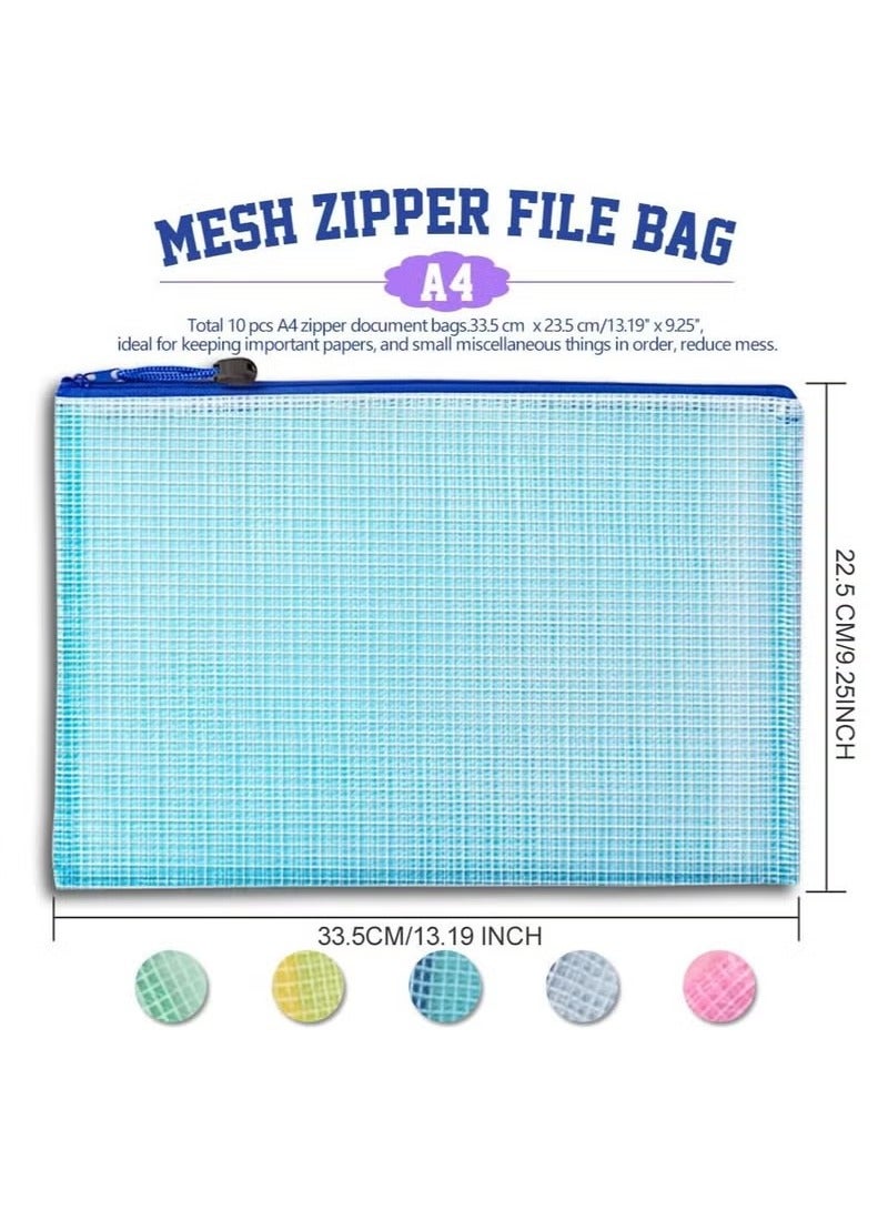 Generic 10 PCS Mesh Zipper Pouch Document Bag, A4 Size Zip File Folders, Waterproof Plastic Envelopes Folders, for School Office Supplies, File Pockets, 5 Colors  - Image 2