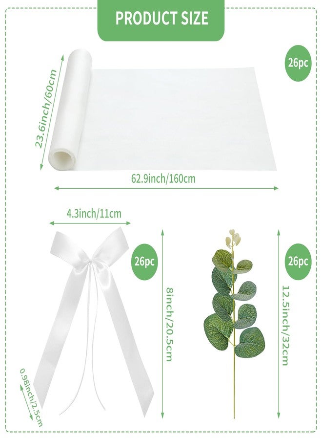 FEXICHUJI 26 Sets of Wedding Aisle Decorations, White Tulle Chair Sashes with Bow Ribbons and Artificial Eucalyptus Stems for Church Pews, Wedding Ceremony Chair Decor - Image 2