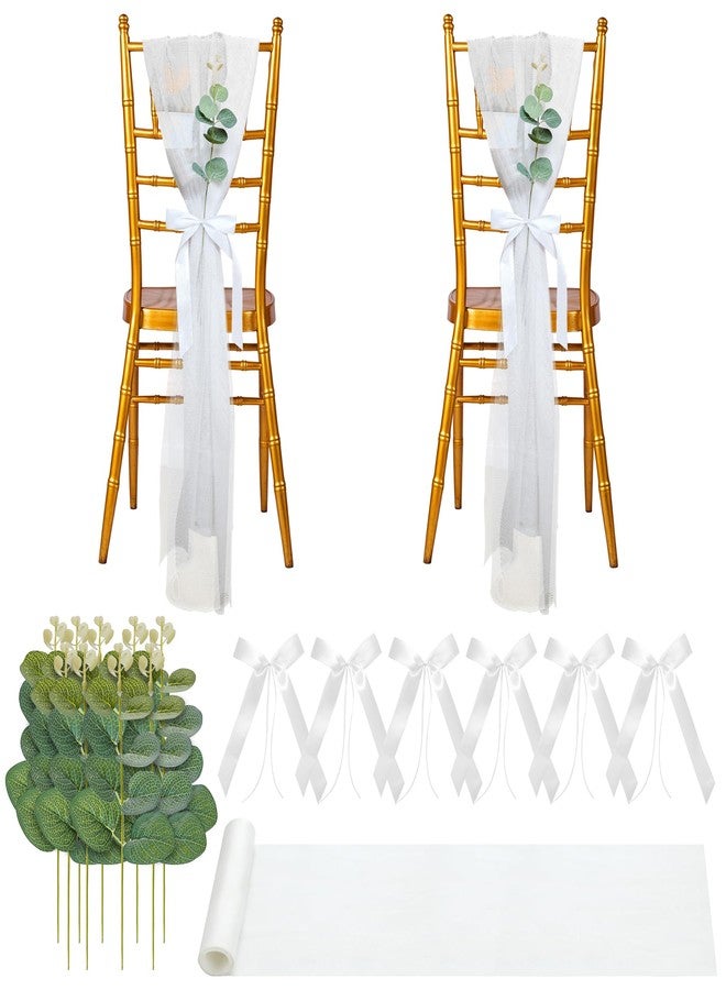FEXICHUJI 26 Sets of Wedding Aisle Decorations, White Tulle Chair Sashes with Bow Ribbons and Artificial Eucalyptus Stems for Church Pews, Wedding Ceremony Chair Decor - Image 1