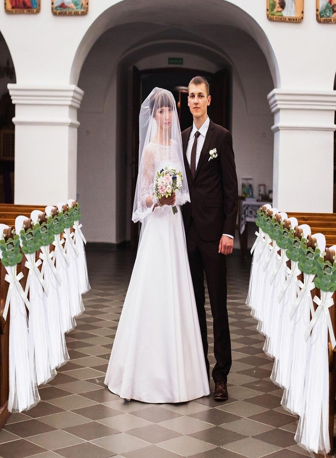 FEXICHUJI 26 Sets of Wedding Aisle Decorations, White Tulle Chair Sashes with Bow Ribbons and Artificial Eucalyptus Stems for Church Pews, Wedding Ceremony Chair Decor - Image 5